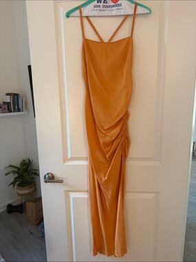 Zara Linen Strappy Ruched Maxi Dress - Orange